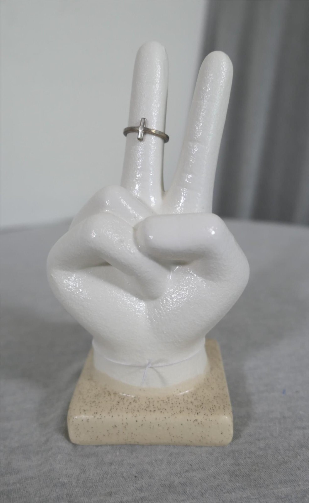 NEW Ceramic Tabletop Hippie Peace Hand Figurine w 925 Sterling Faith Ring 6-5/8″
