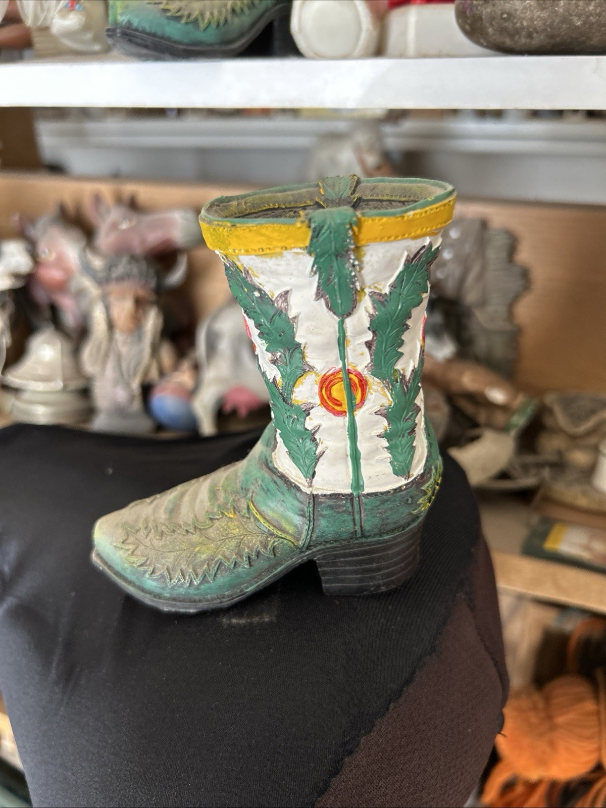 Vintage Cowboy Boot Figurine Green And White Southwestern Unusual Design 4.5″ H