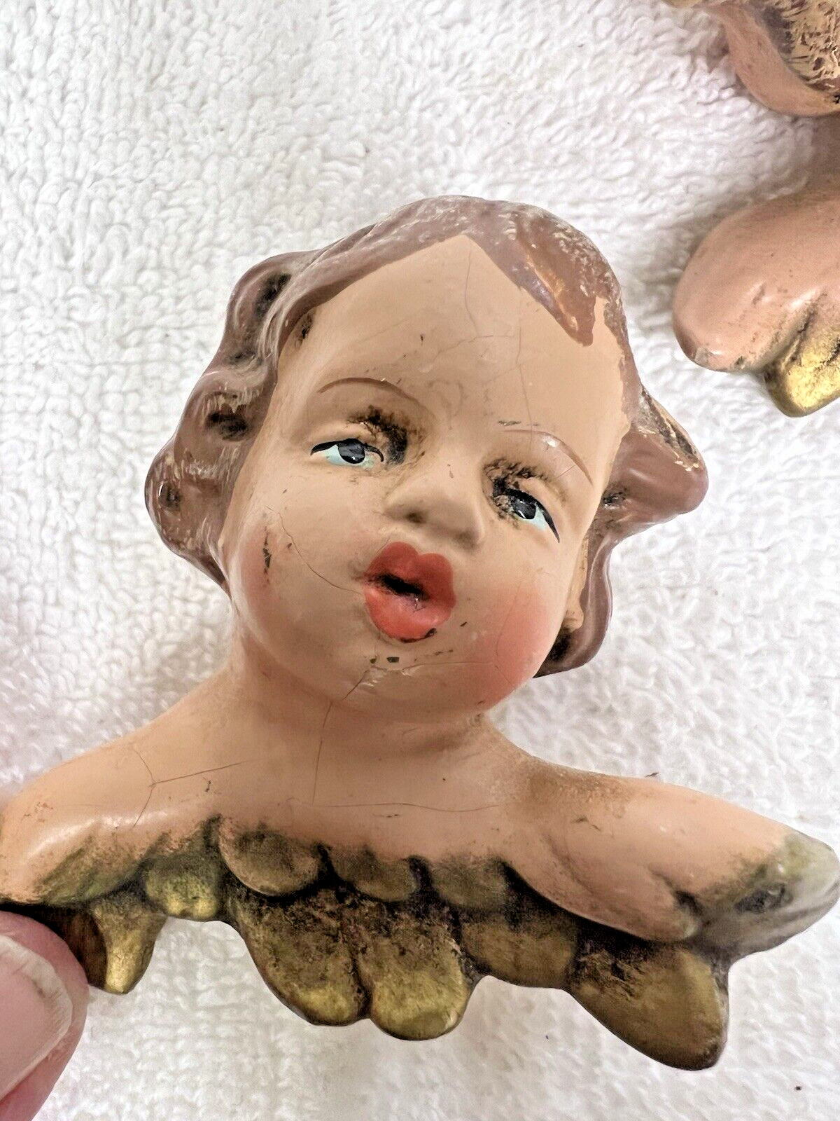 2 West Germany Angel Cherub Hand Painted Bust Blue Eye’s Ornament 2 3/4″