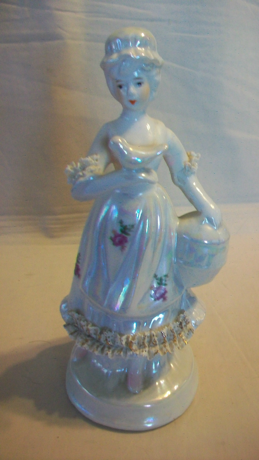 CERAMIC LADY WITH BIRD AND BIRDCAGE OPALESCENT FIGURINE