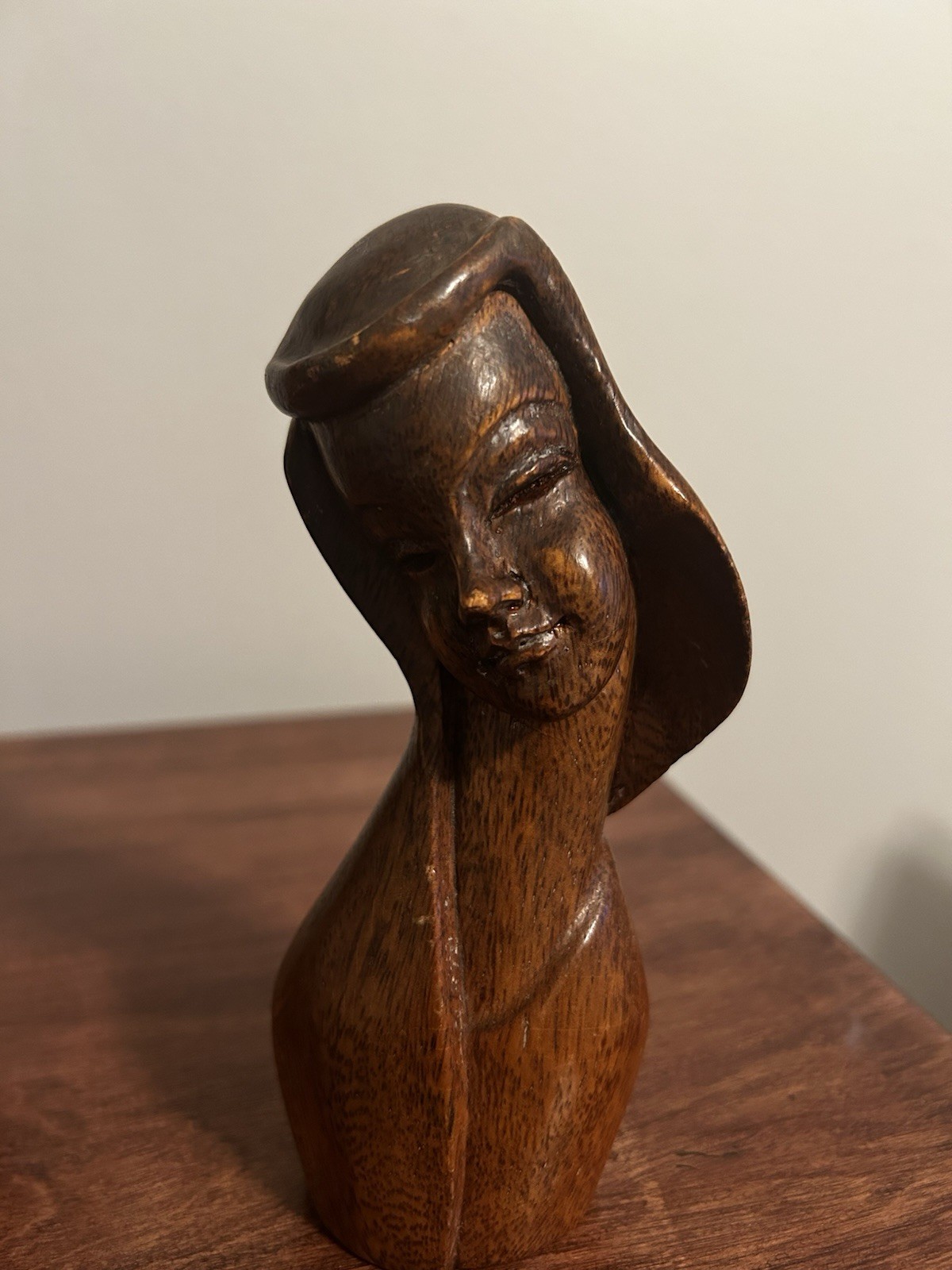 PAIR Vintage Woman Face Figurine Abstract Modernist Wooden Sculpture MCM