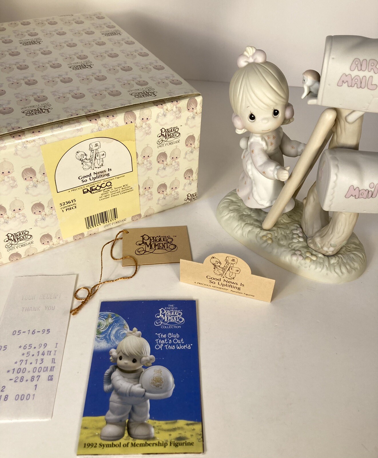 Precious Moments GOOD NEWS IS SO UPLIFTING Figurine 1991 Boxed # 523615 6.5″ Vtg