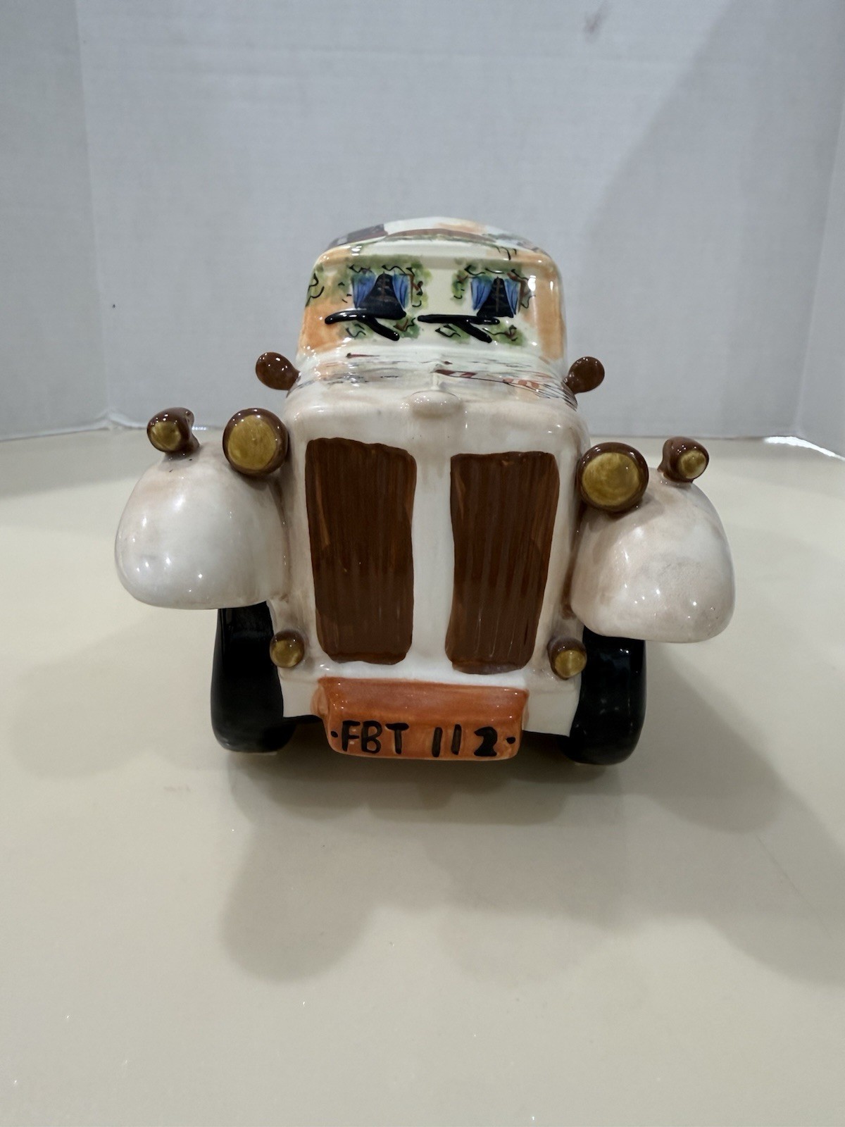 Vintage Hand-Painted Ceramic Car Sculpture Italian Café Bistro Scene Décor