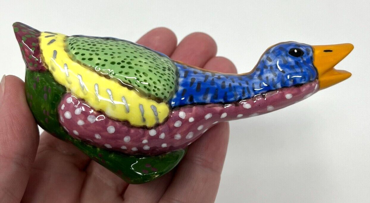 2 Vintage Ceramic Colorful Quilted Pattern Country Ducks Figurines, Signed