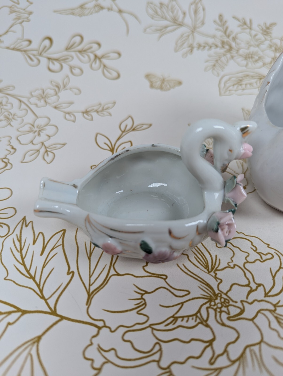 Swan Ashtray & Trinket Dish Japan Gold Accent Flowers Set Of 2 Porcelain Vintage