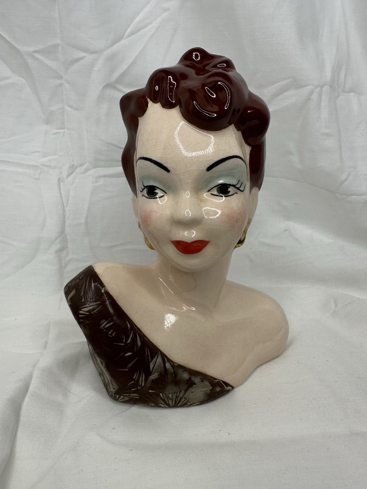 Mid Century Ceramic Lady Head Bust Figurine Red Hair Green Eyes Glamour