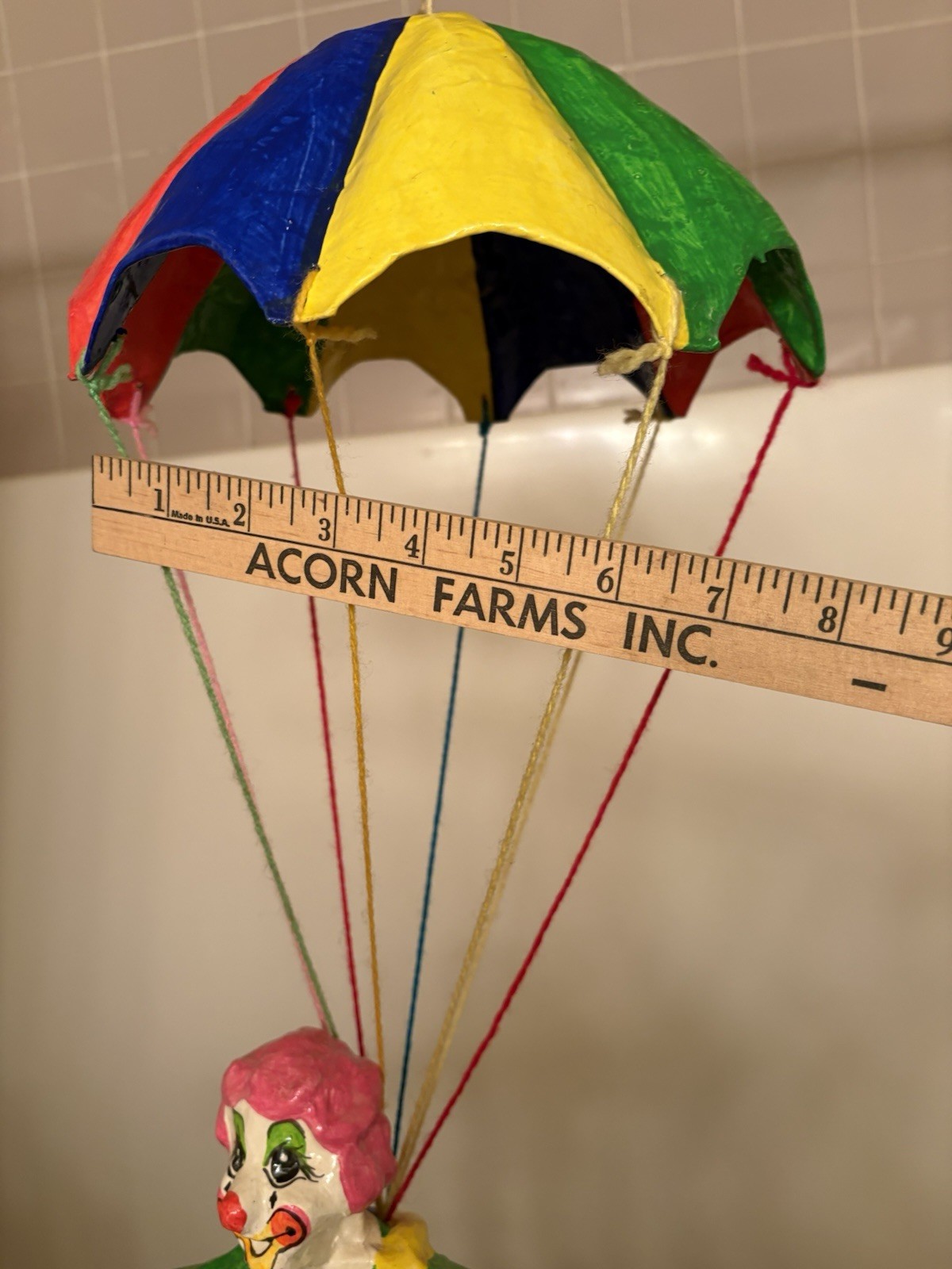 Vtg Papier Mache Parachute Clown Folk Art Balloon Figure Circus Decor Paper 29″