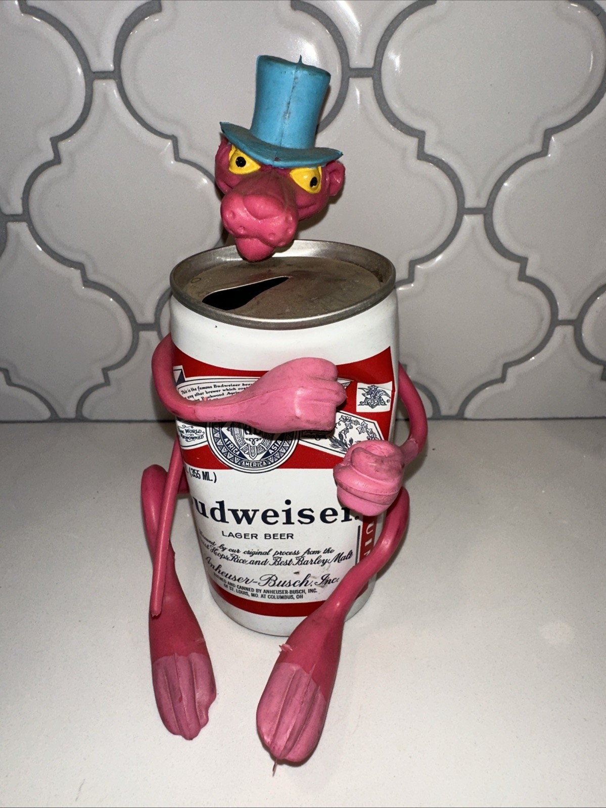 Vintage Bendable PINK PANTHER Figure w TOP HAT w vintage tab-top Budweiser Can