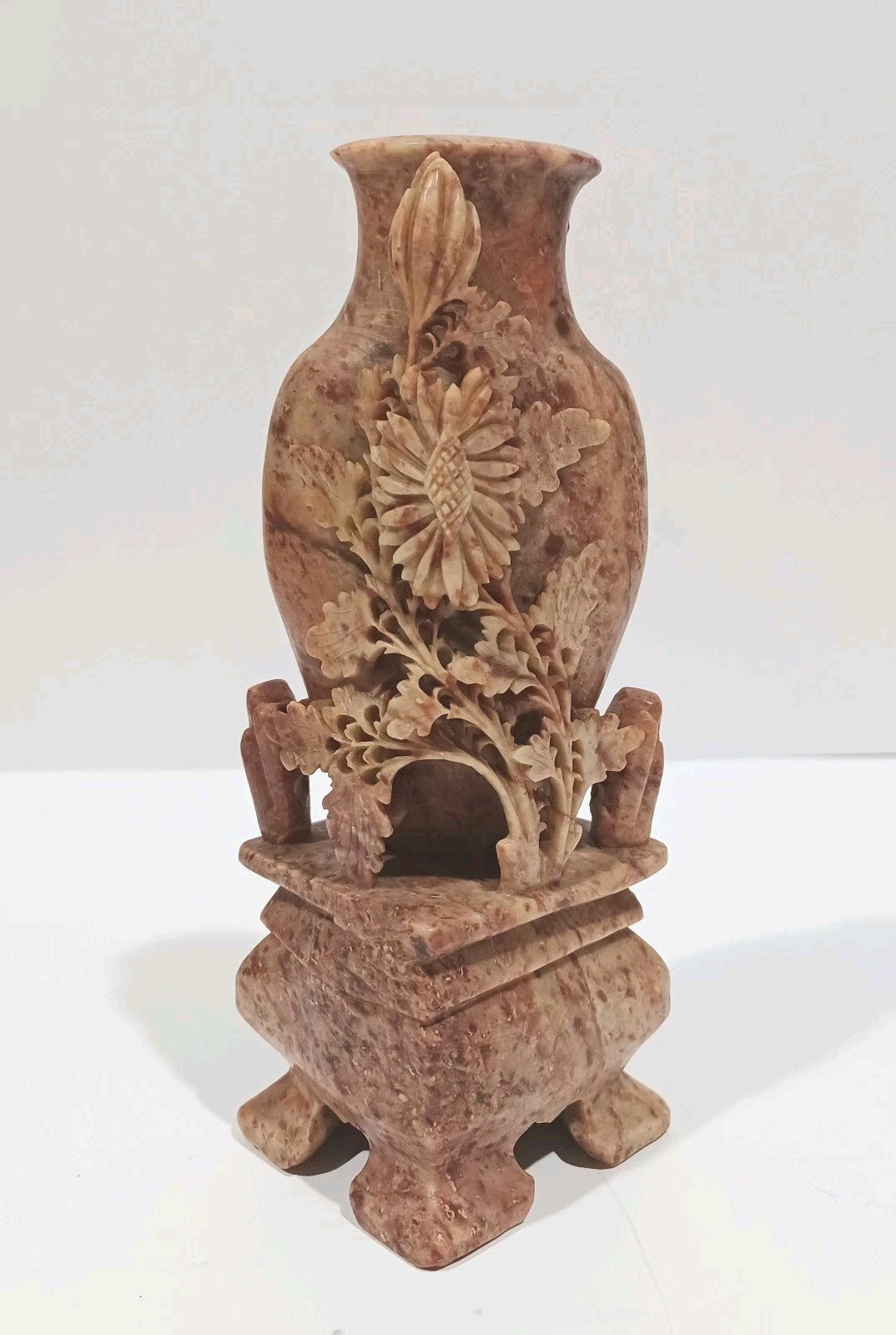 Chinese Intricately Hand Carved Chrysanthemum Soapstone Bud Vase with Pedestal