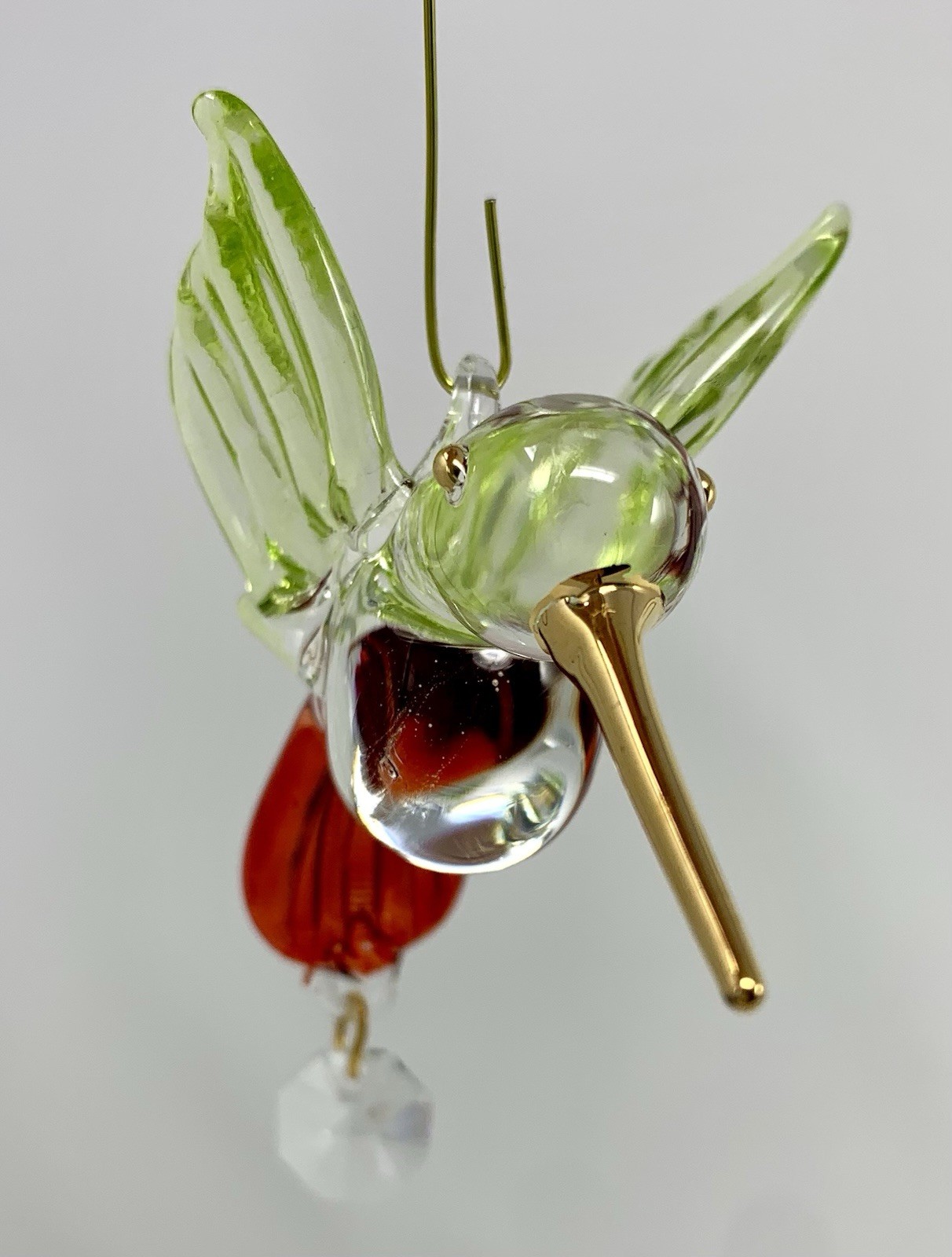 Pair of Glass Hummingbird Ornament Suncatchers – Green & Red w/ Gold Accents