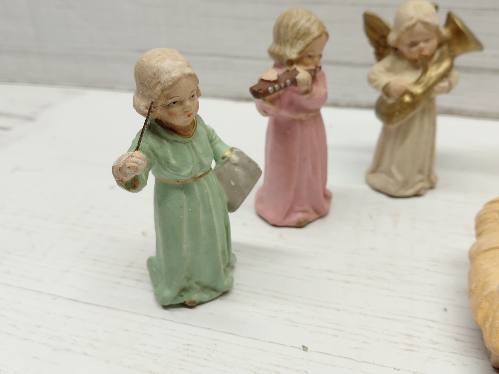 Vintage Set of 6 Angels Playing Instruments Resin? Made in Germany US Zone AS IS