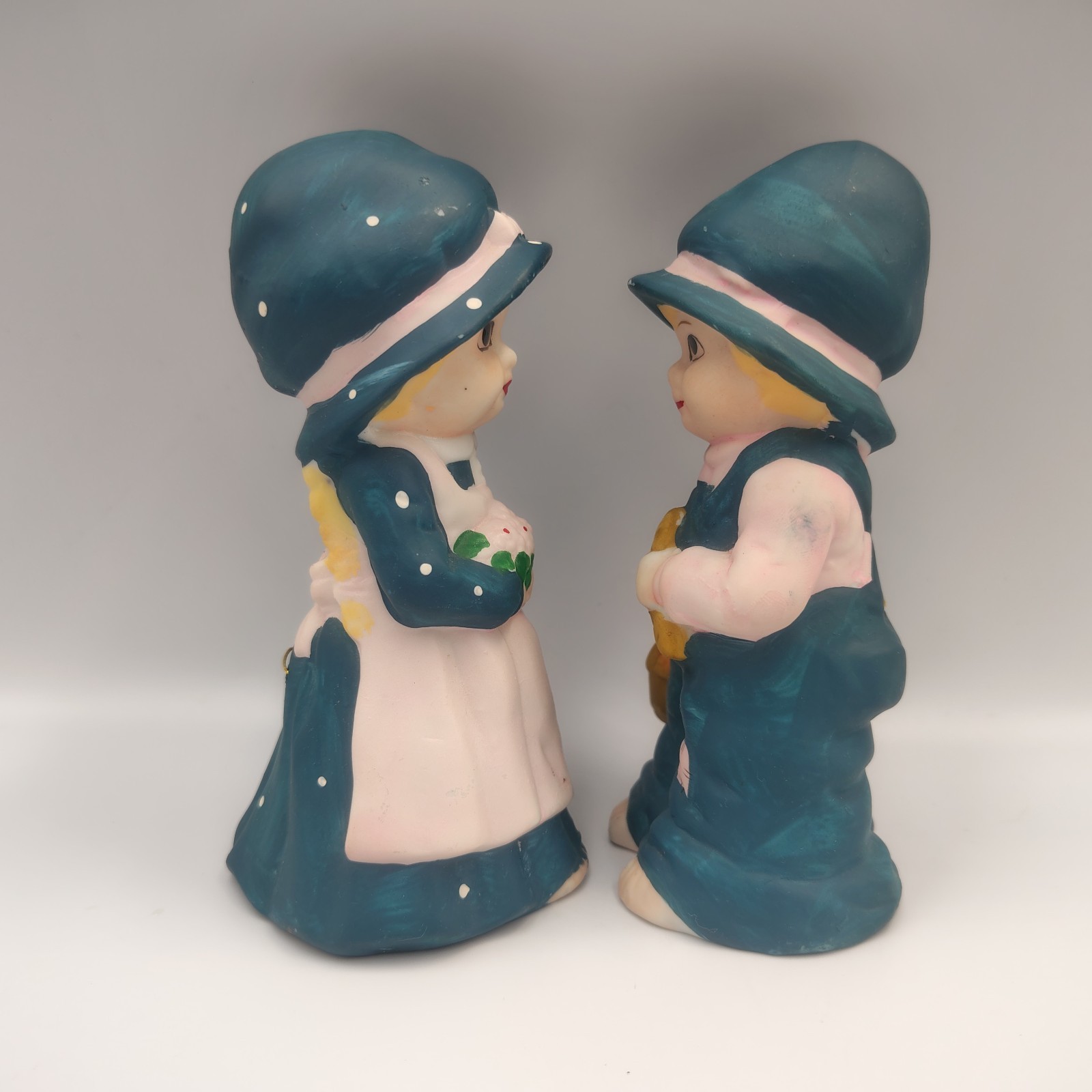 Vintage Ceramic Pilgrim Bell Set Farmers Southern Blue White 5.5″ x 2.5″