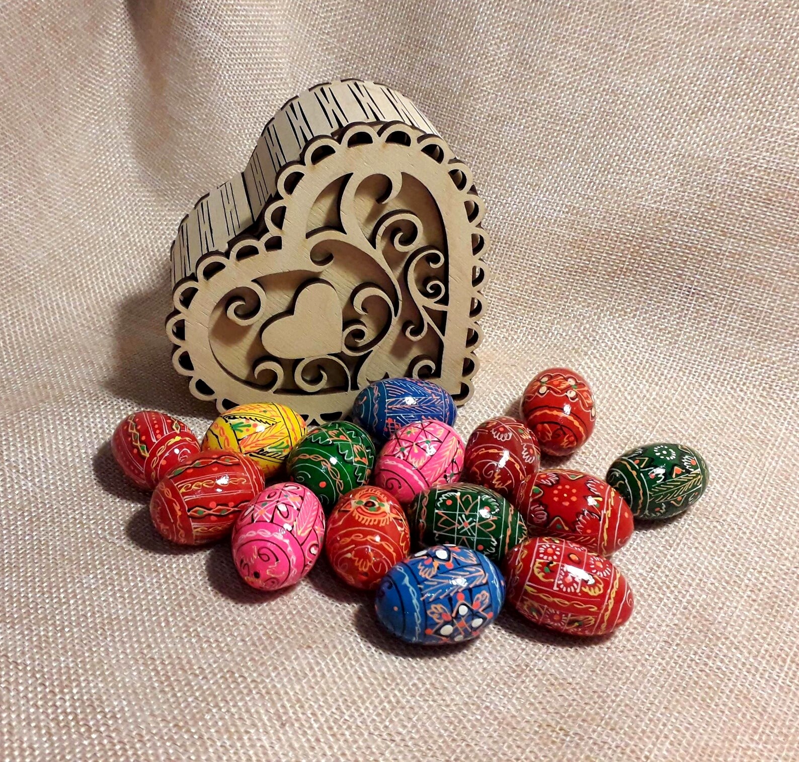 Original Easter Gift Set Openwork heart Box with 10 Small Ukrainian Eggs Pysanka