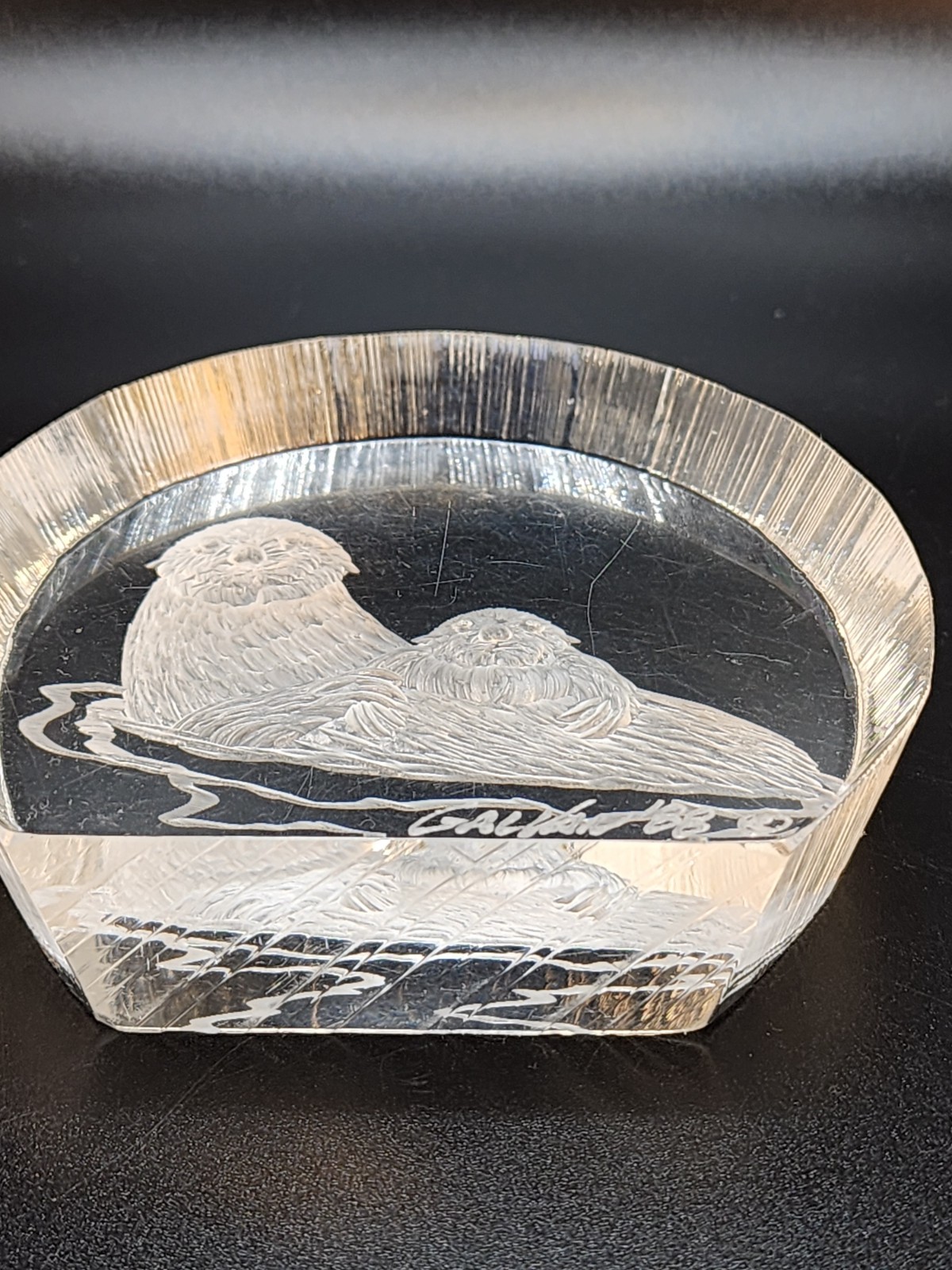 Vintage Joseph Galvan Etched Lucite Mom and Baby Otters Mantel Art Signed 1988