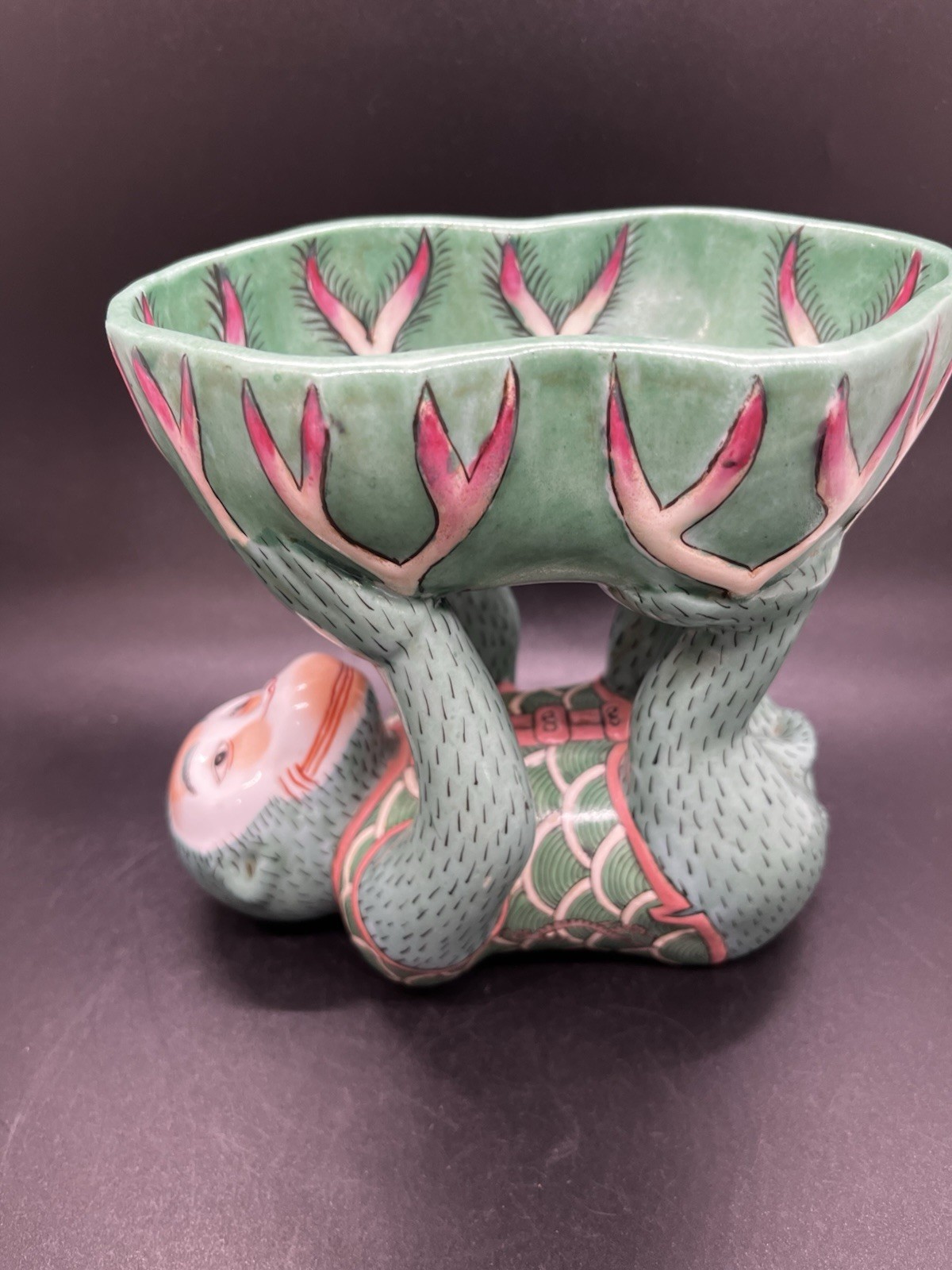 Andrea by Sadek Green Monkey Catch Bowl Trinket Lotus Dish Chinoiserie 6.5” Tall