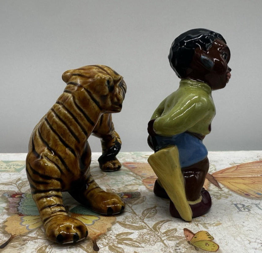 RARE 1950s Ceramic Arts Studio Figurine: Little Boy & Tiger Display