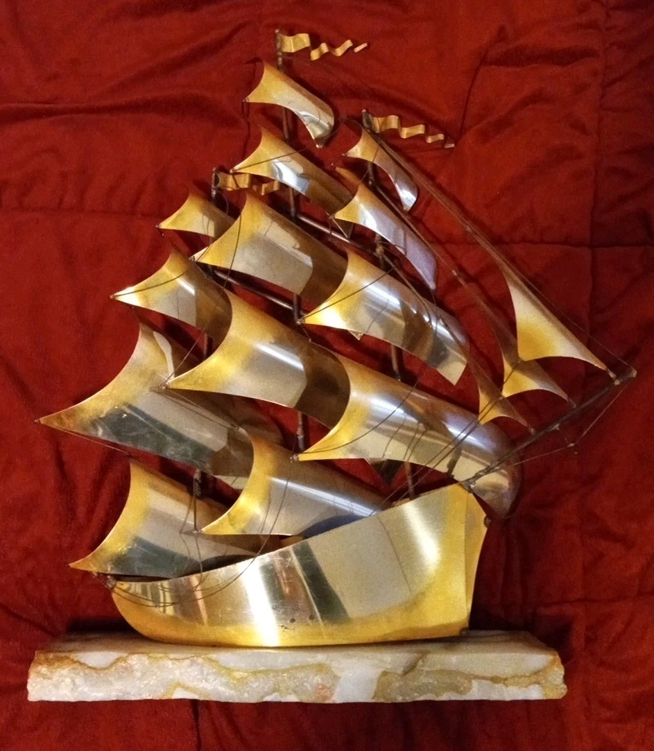 Vtg MCM Sculpture Sailing Ship DeMott Brass Copper Brutalist Signed Onyx 21.5″
