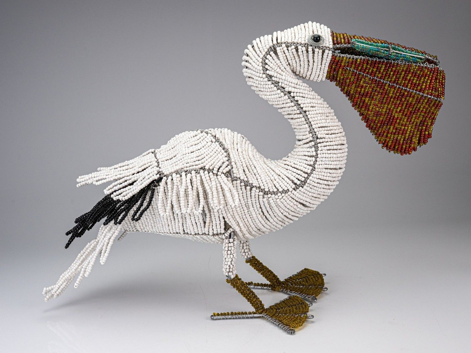 Handmade Wire & Glass Seed Bead Pelican Bird Figure with Fish Sculpture Beadworx
