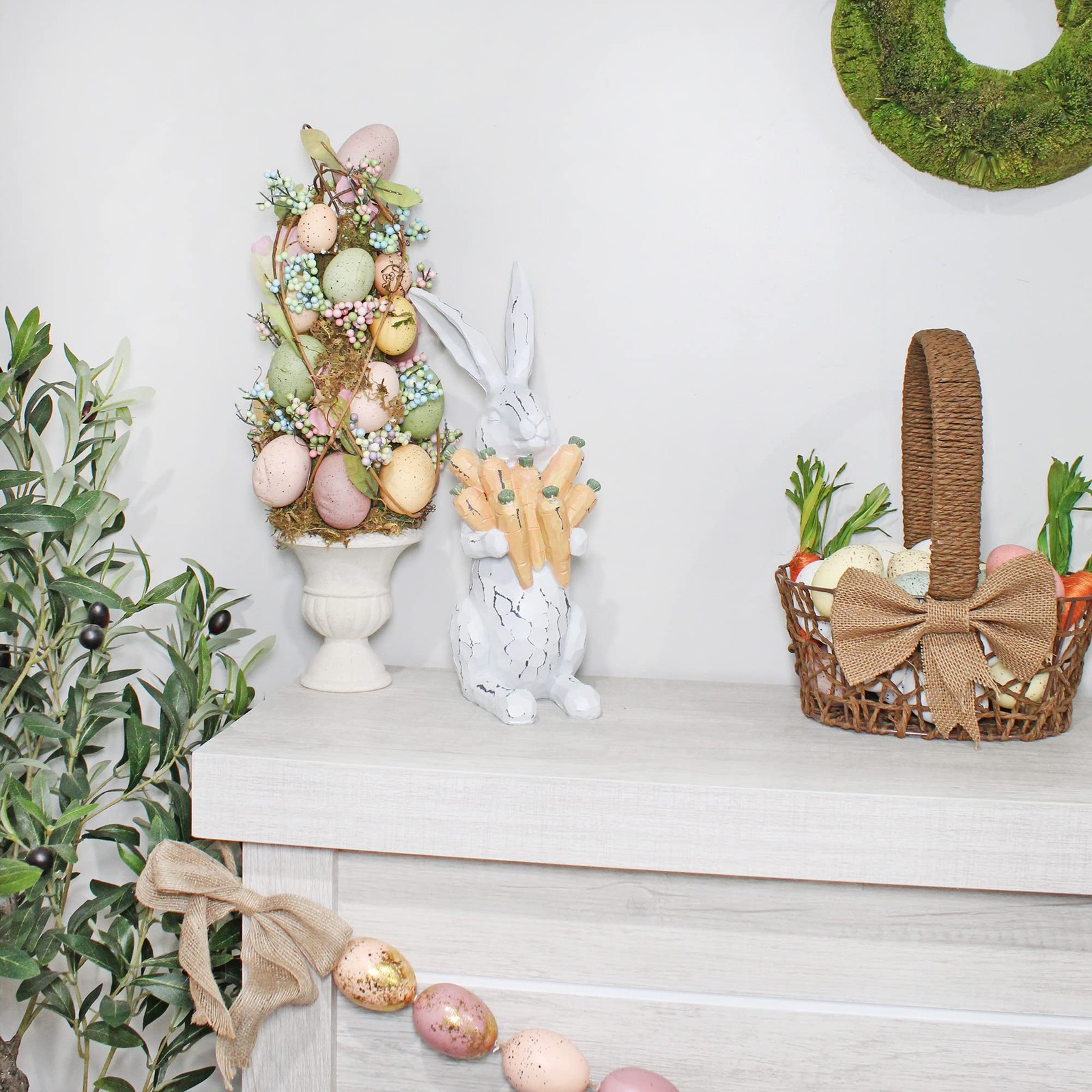 Rabbit Statue w/Carrots (13-Inches); Large Easter Decor Farmhouse Style Bunny…