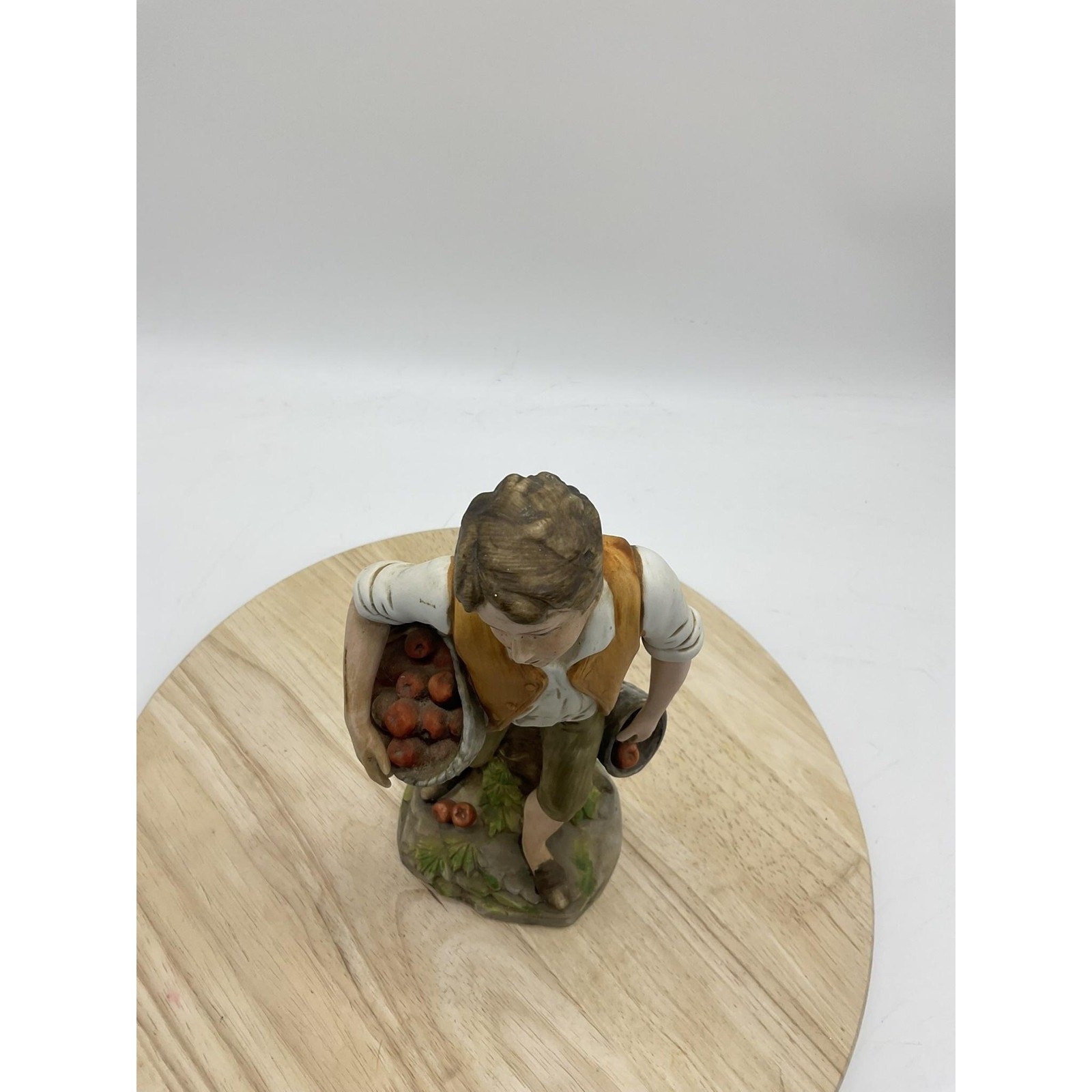 Vintage Ceramic Boy With Apple Baskets Figurine Farmhouse Home Interior Decor