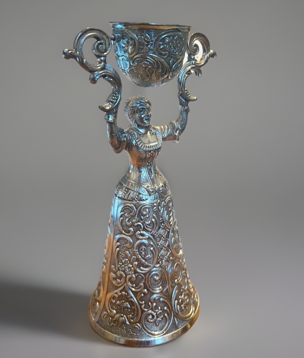VTG Silverplate Bridal Lady Wedding Cup Goblet Swinging Chalice Pink Stone 7” H