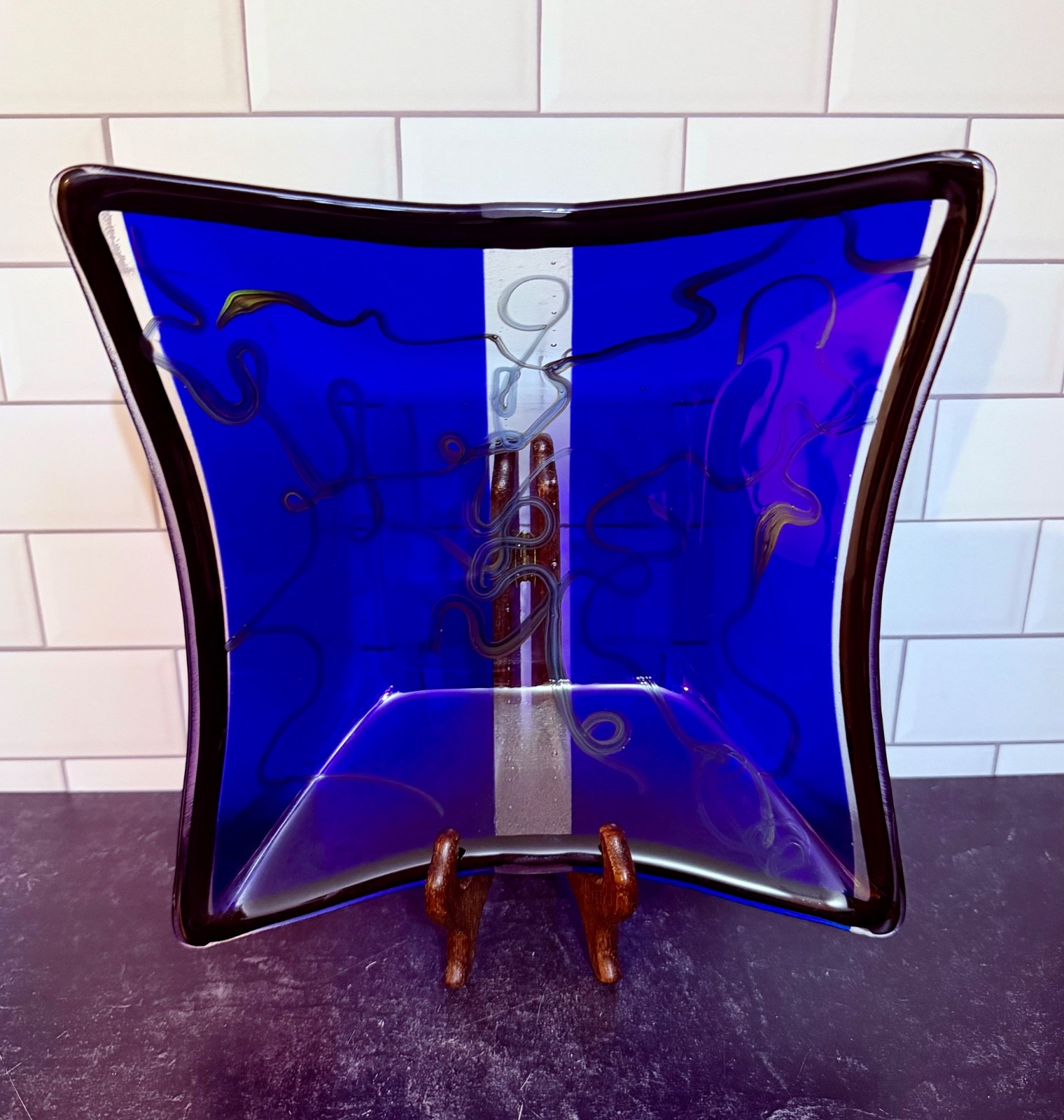 9” Fused Art Glass Blue/Black and Clear with Swirl Pattern/Serving/Trinket Dish