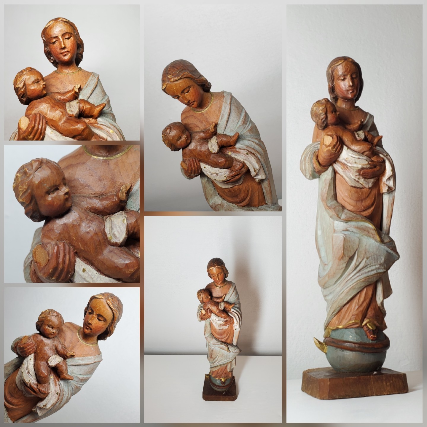 Vtg ANRI ? Hand Carved Wood Virgin Mary Mother Madonna Jesus Statue 8″ OLD RARE