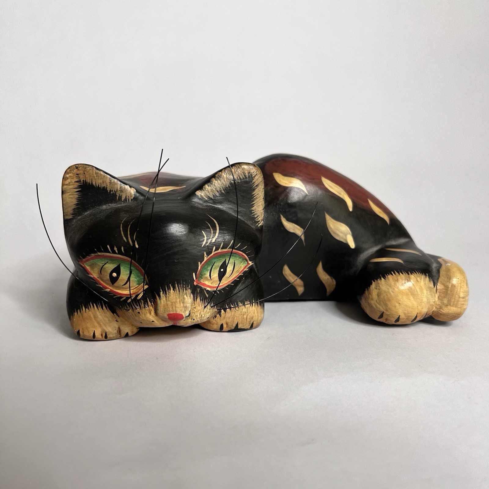 Vintage Wooden Folk Art Cat Shelf Sitter Handmade Painted Cottage Core Kitschy