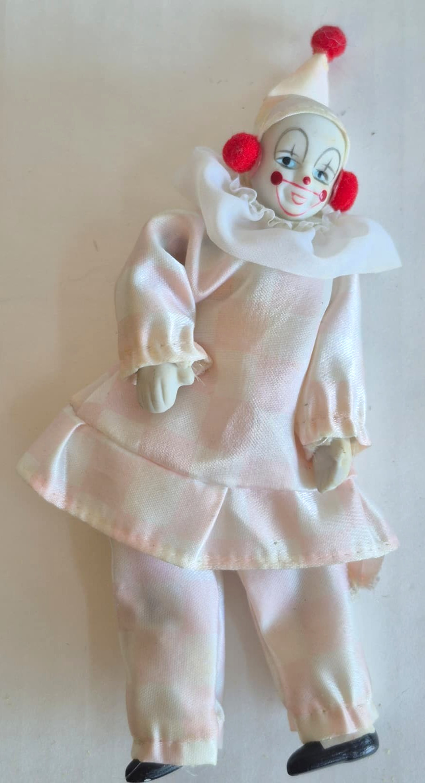 Lot 4 Vintage Porcelain Clown Dolls Fabric Costume Junk Drawer Collectible