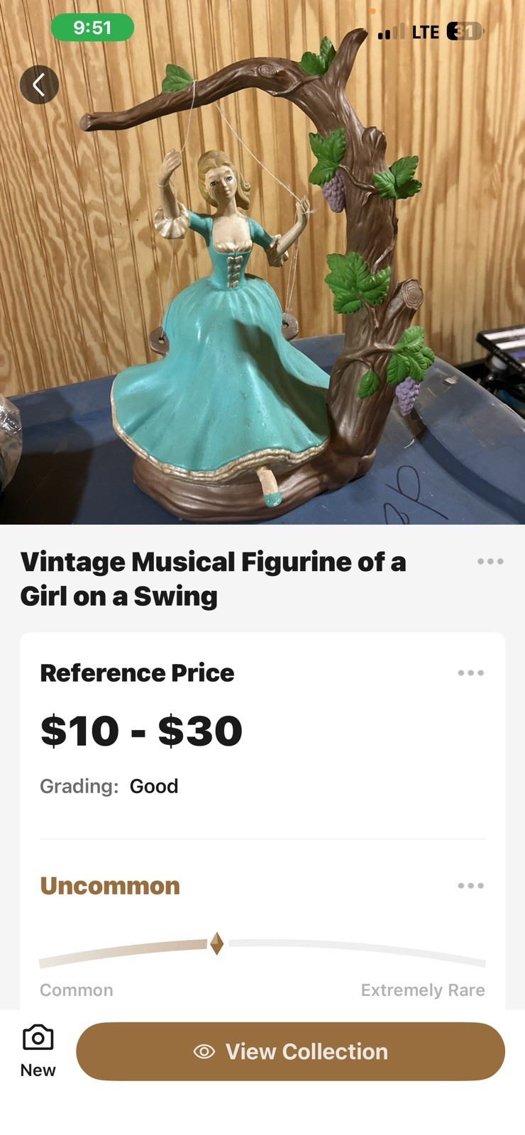 Ceramic Musical Figurine Girl on Swing Turquoise Brown Green Beige Vintage