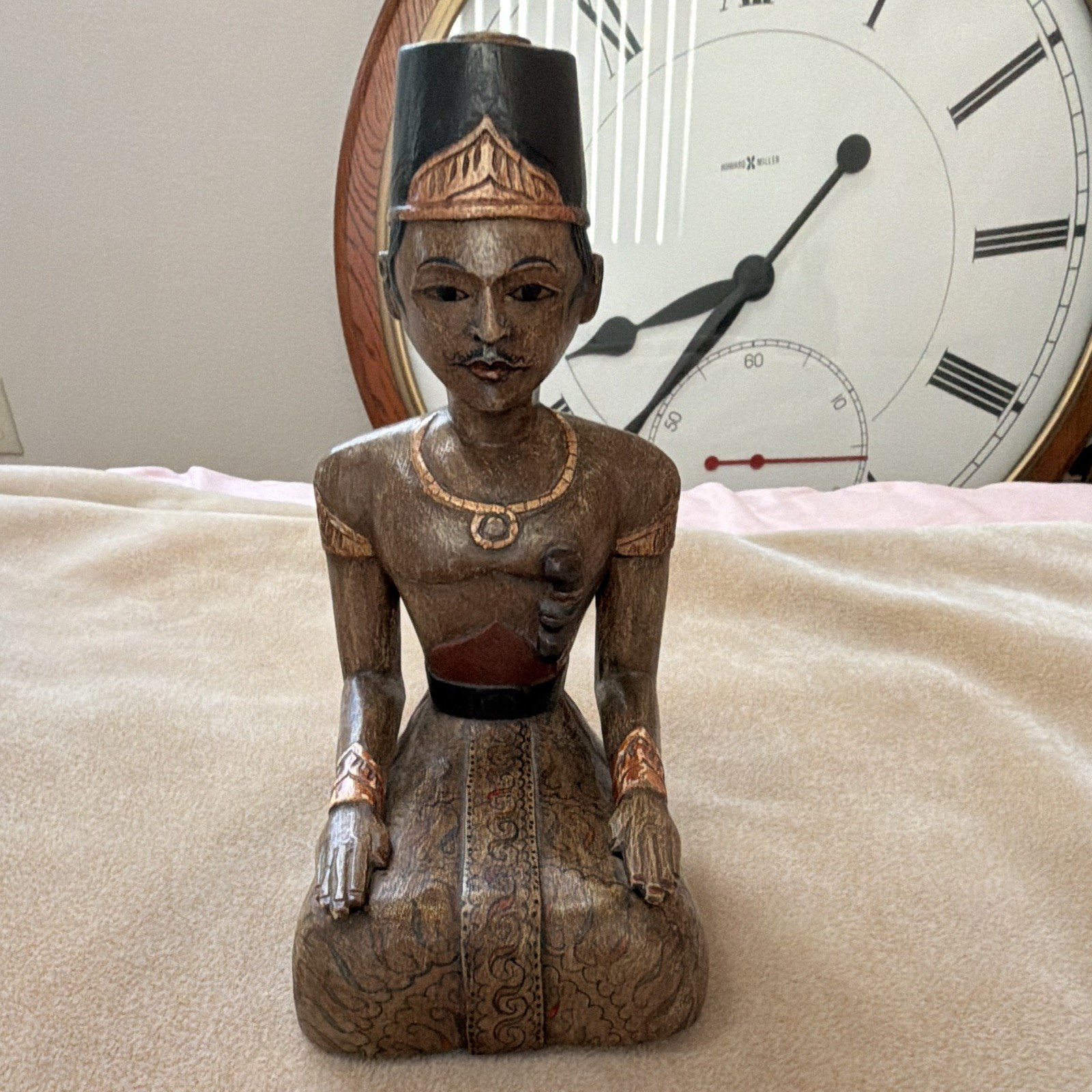 Wood Hand-Carved Seated Person Figurine, Painted Brown Black Red Decor