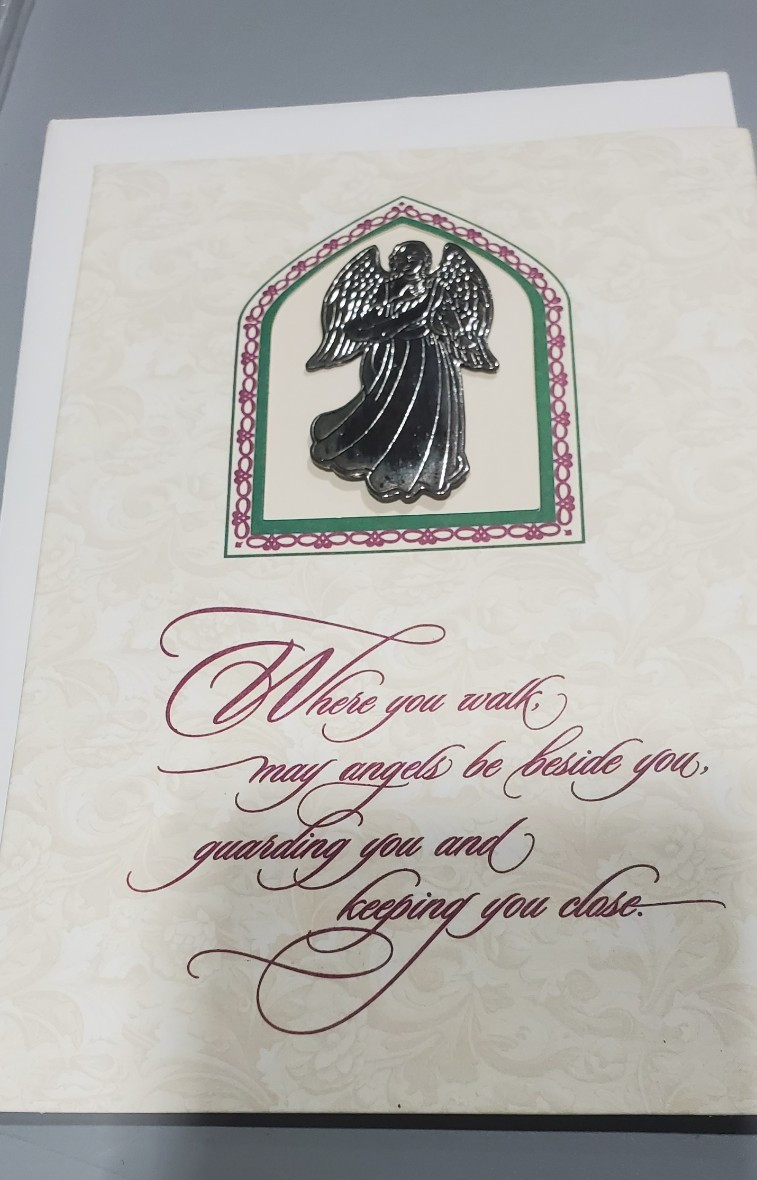 Hallmark Lapel Pin on Greeting Card With Silver Xmas Standing Angel