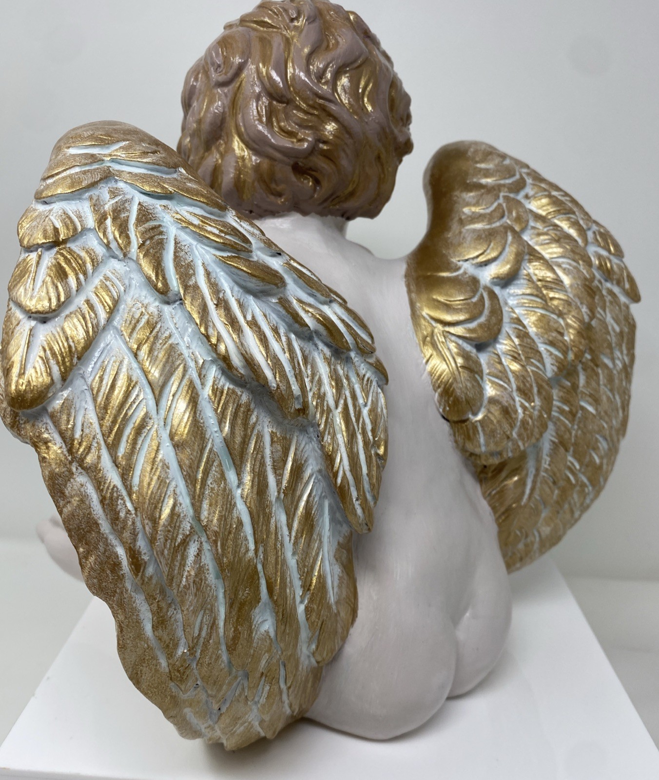 VTG Winged Cherub Angel Sitting Hand painted Gold/ White 10” H