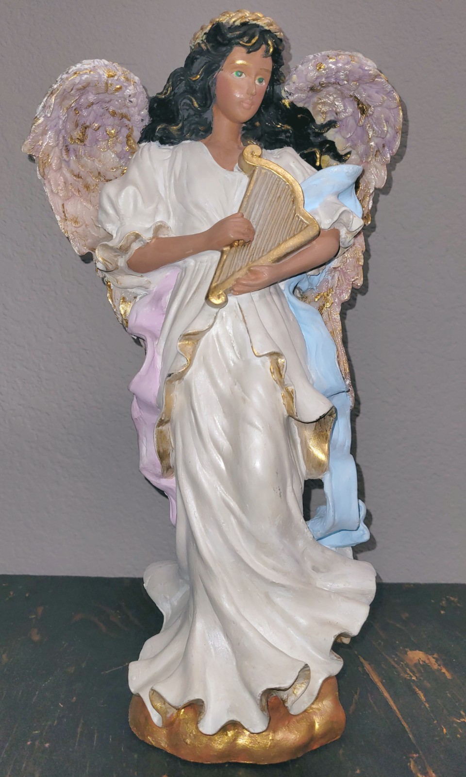 Large 15″ Vintage African American Angel Harp Religious Statue Christian Figure