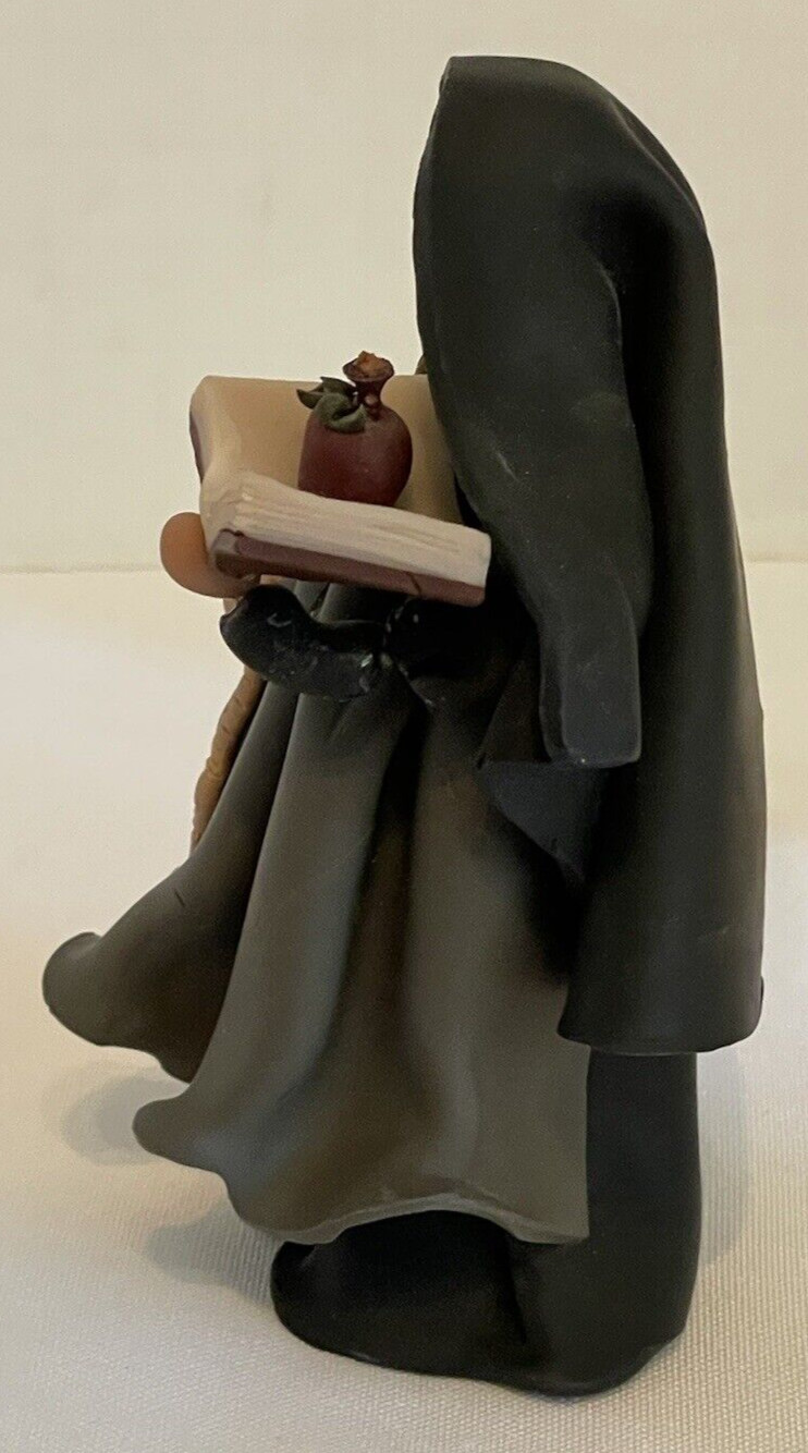 Clay Nun Figurine Holding Cane, Holy Water Container & Hymnal Bible 4.5 Inches