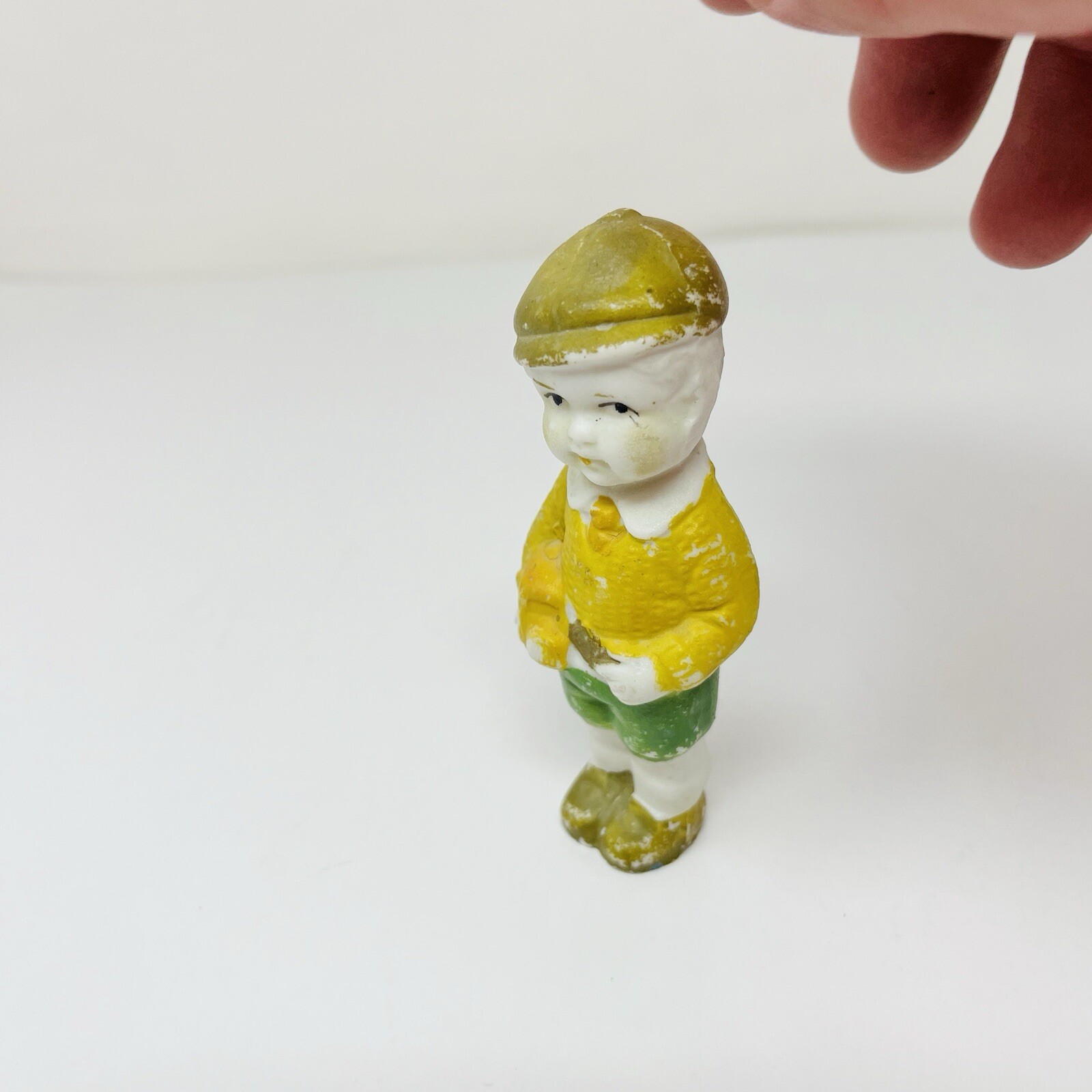 Vintage 1930s Japan Bisque Boy Figurine Brown Hat Yellow Jacket 4″ Porcelain