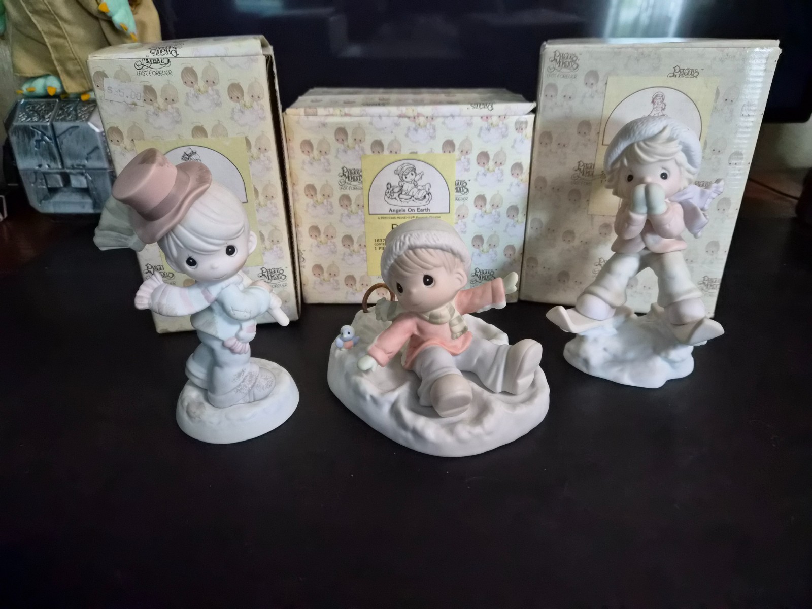 PRECIOUS MOMENTS SET 3 FIGURINES ALL PERFECT WITH BOXES SOOT, ANGEL, UPLIFTING