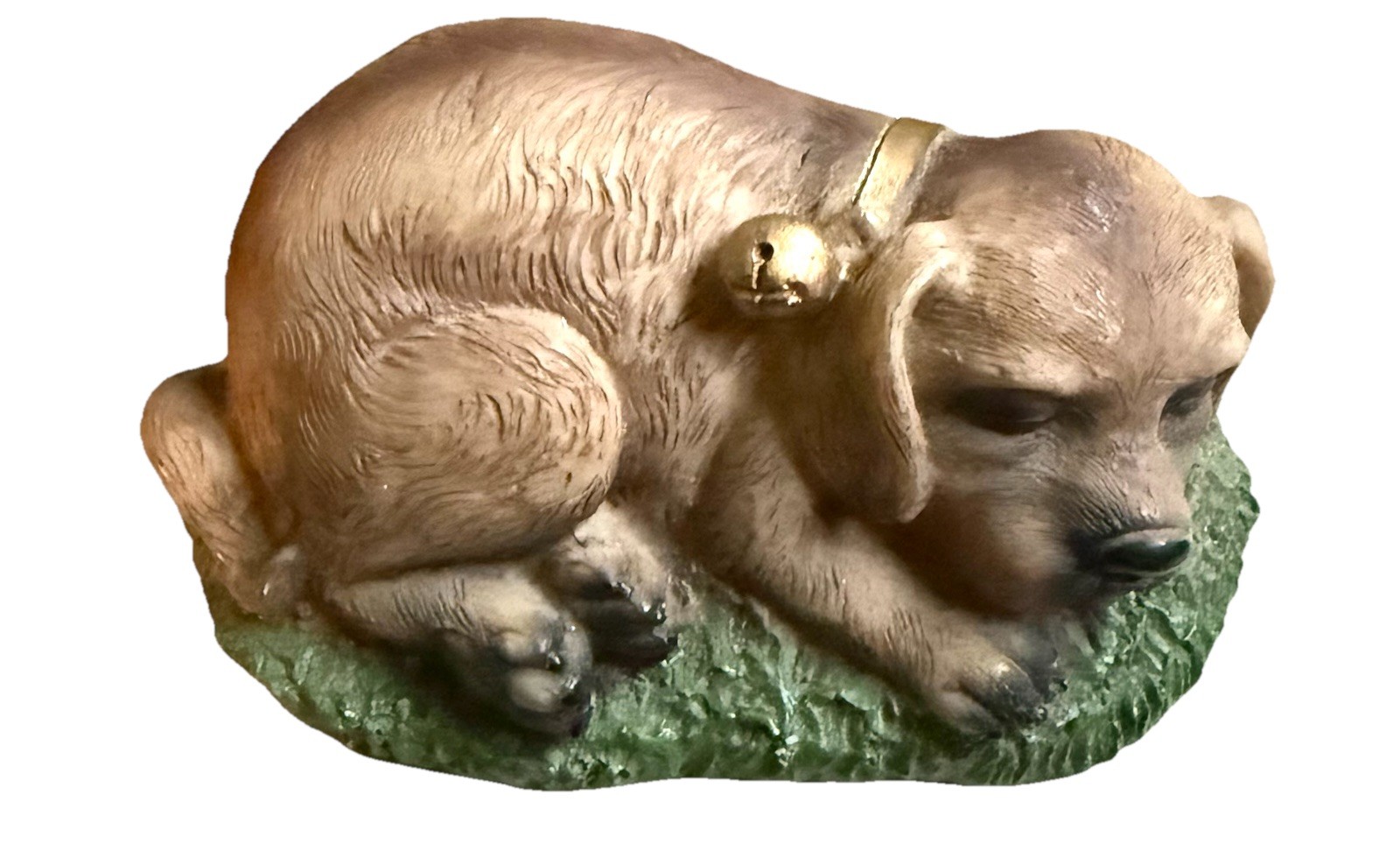Brown Sleeping Puppy Dog Resin Plastic Gold Collar Bell