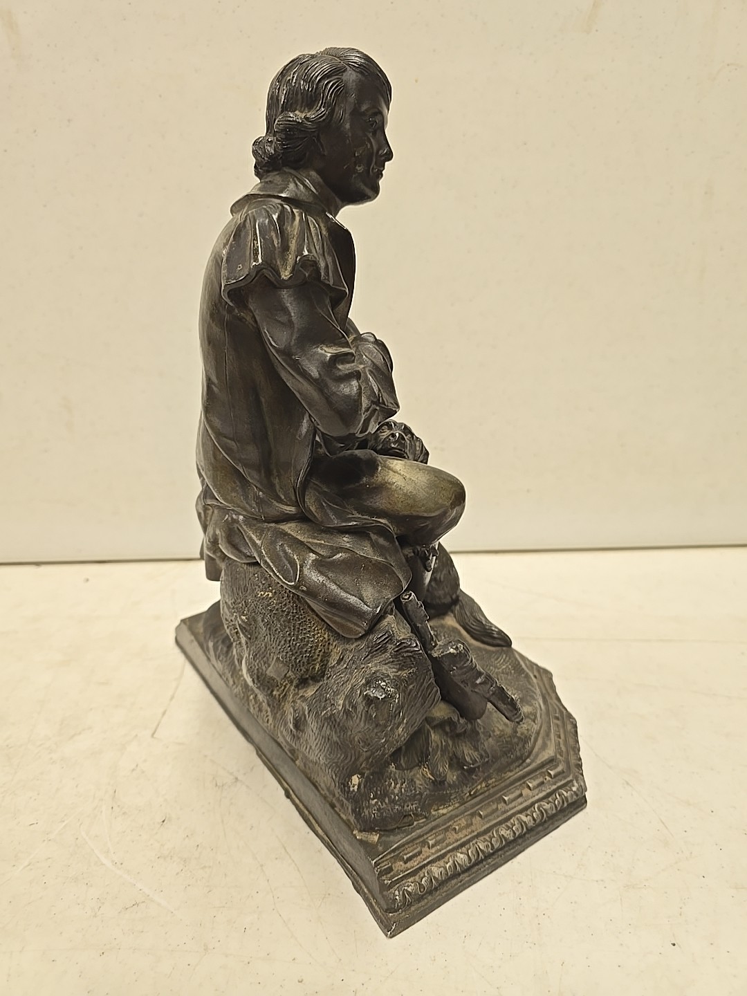 Antique 14″ Victorian European Spelter Sculpture Of Piper Man With Dog Statue