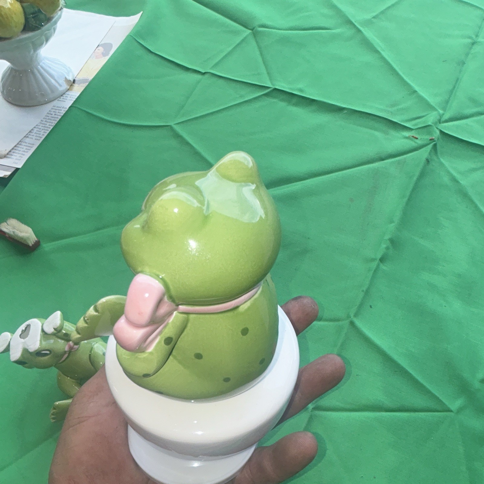 Hand Painted Glazed Ceramic Frog on Toilet Figurine, Green/White/Pink Bow