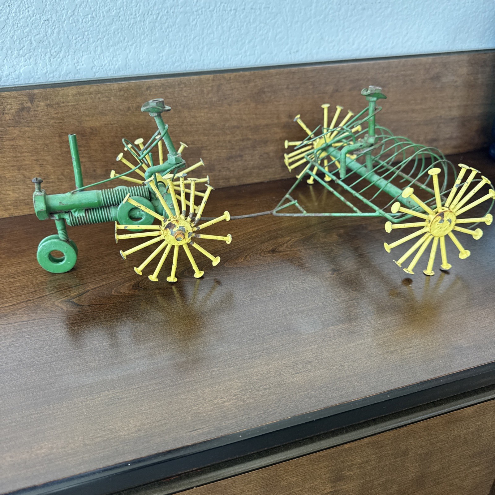 Vintage Homemade Folk Art John Deere Tractor & Plow Nuts Bolts Nails Metal Farm