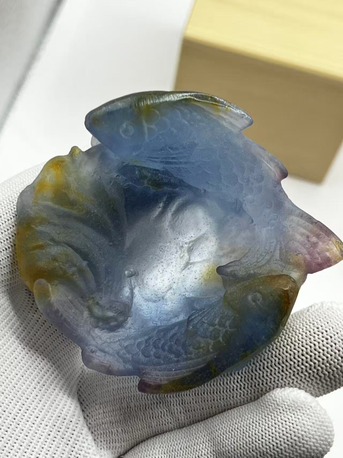 Daum France Pate de Verre Art Glass Small Fish Bowl / Pisces Gift w/ Wooden Box