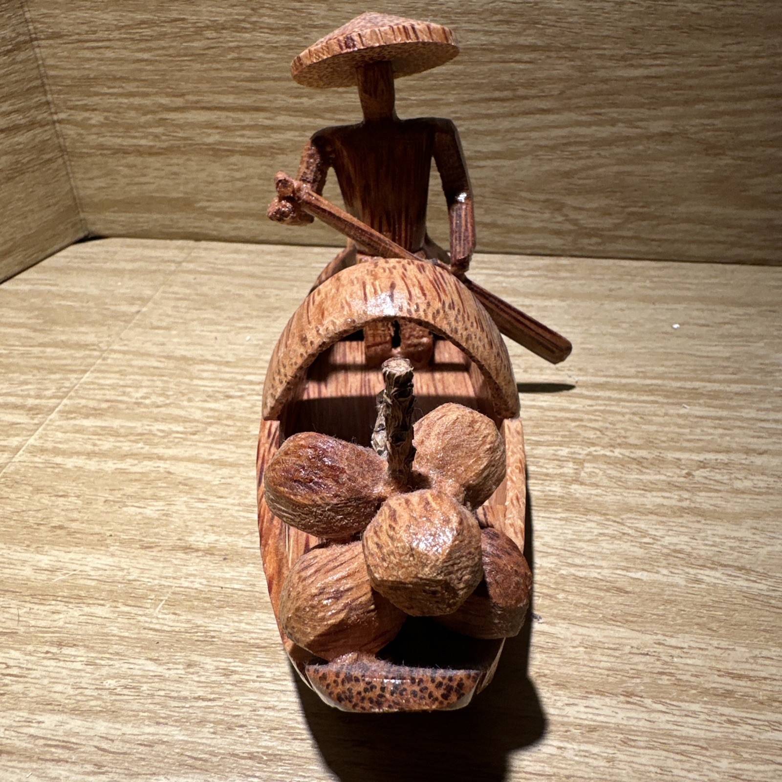 Carved Man Rowing In Wood Boat With Oar – Coconuts On Front Souvenir. Figural