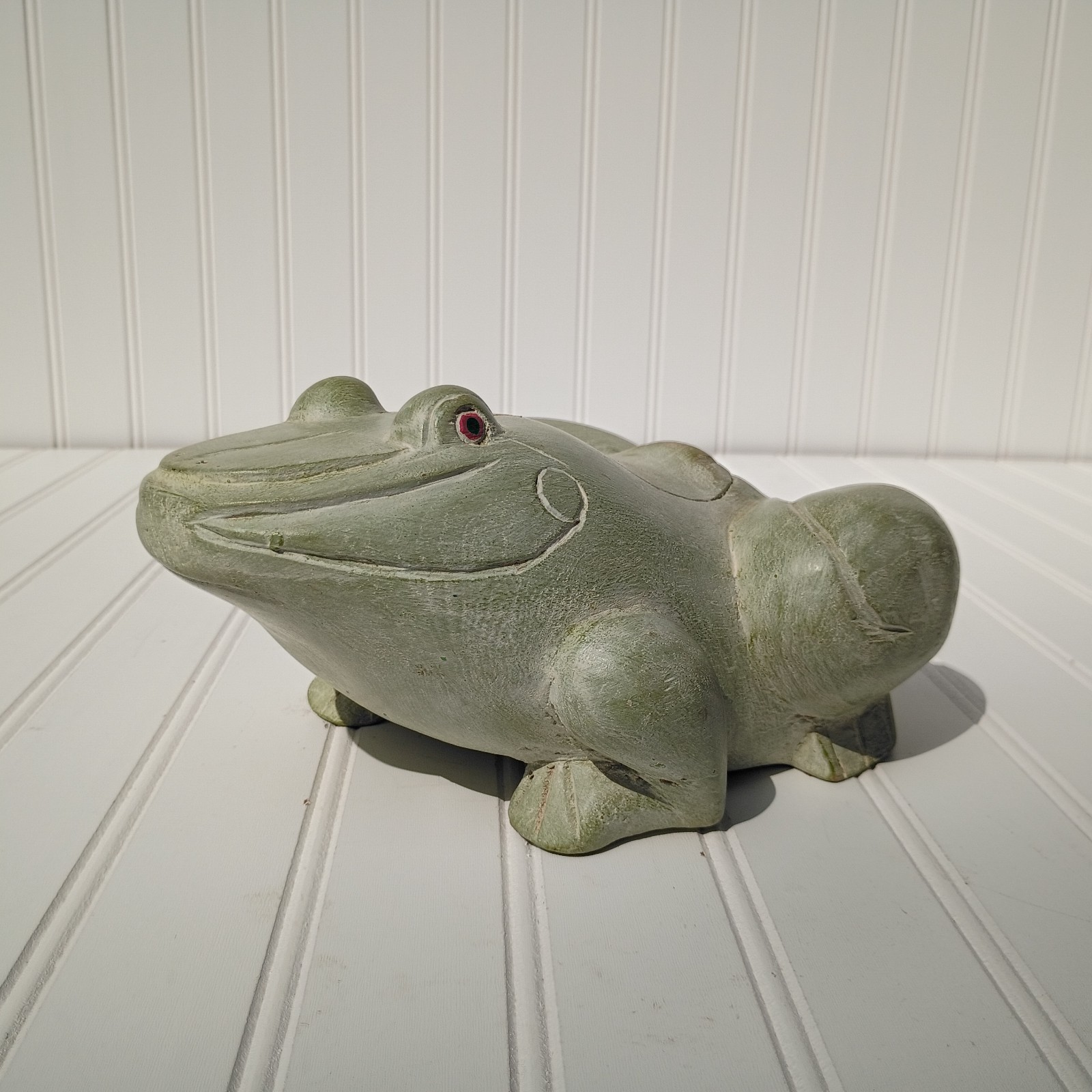 Vintage Thai Hand Carved Wood Frog Trinket Box Green Painted Folk Art Thailand