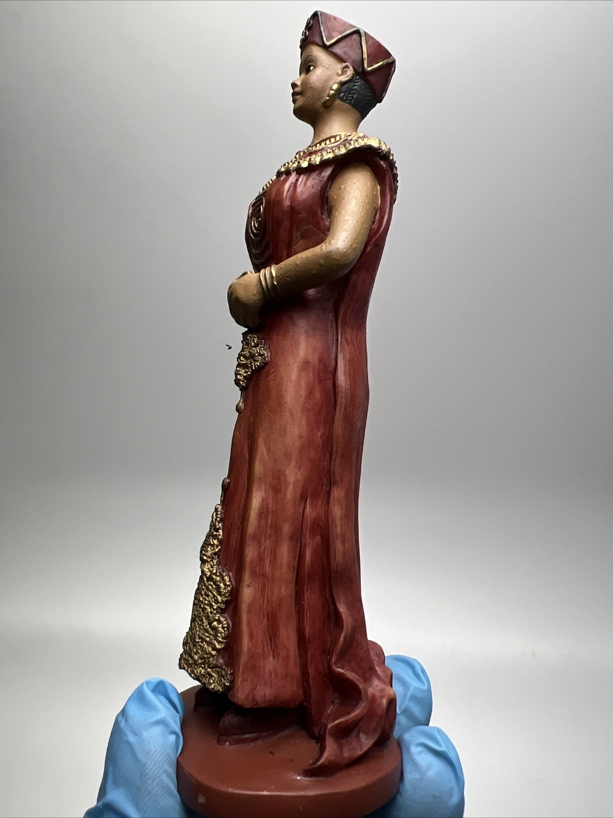 African Woman Figurine in Brown and Gold Dress 1980 S