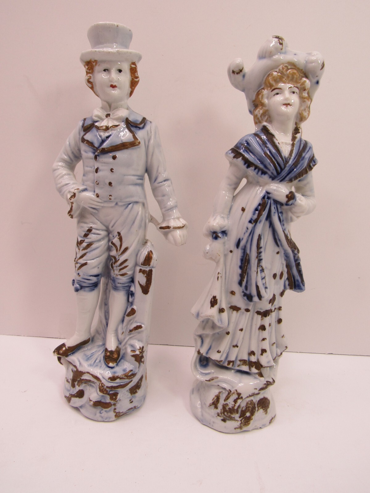 Pair Antique German?? Bisque Figurines Victorian Man & Woman 1689 Blue White GUC