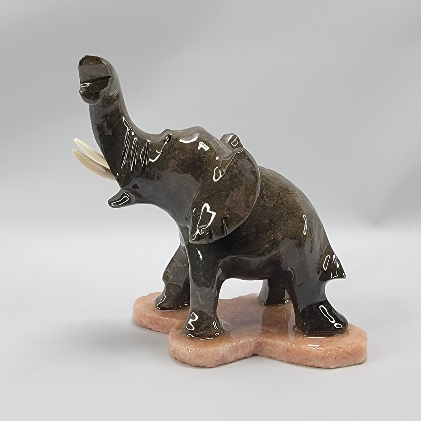 Ceramic Elephant Figurine Trunk Up 3″ Brown-Green High Gloss Small RT Ear Chip
