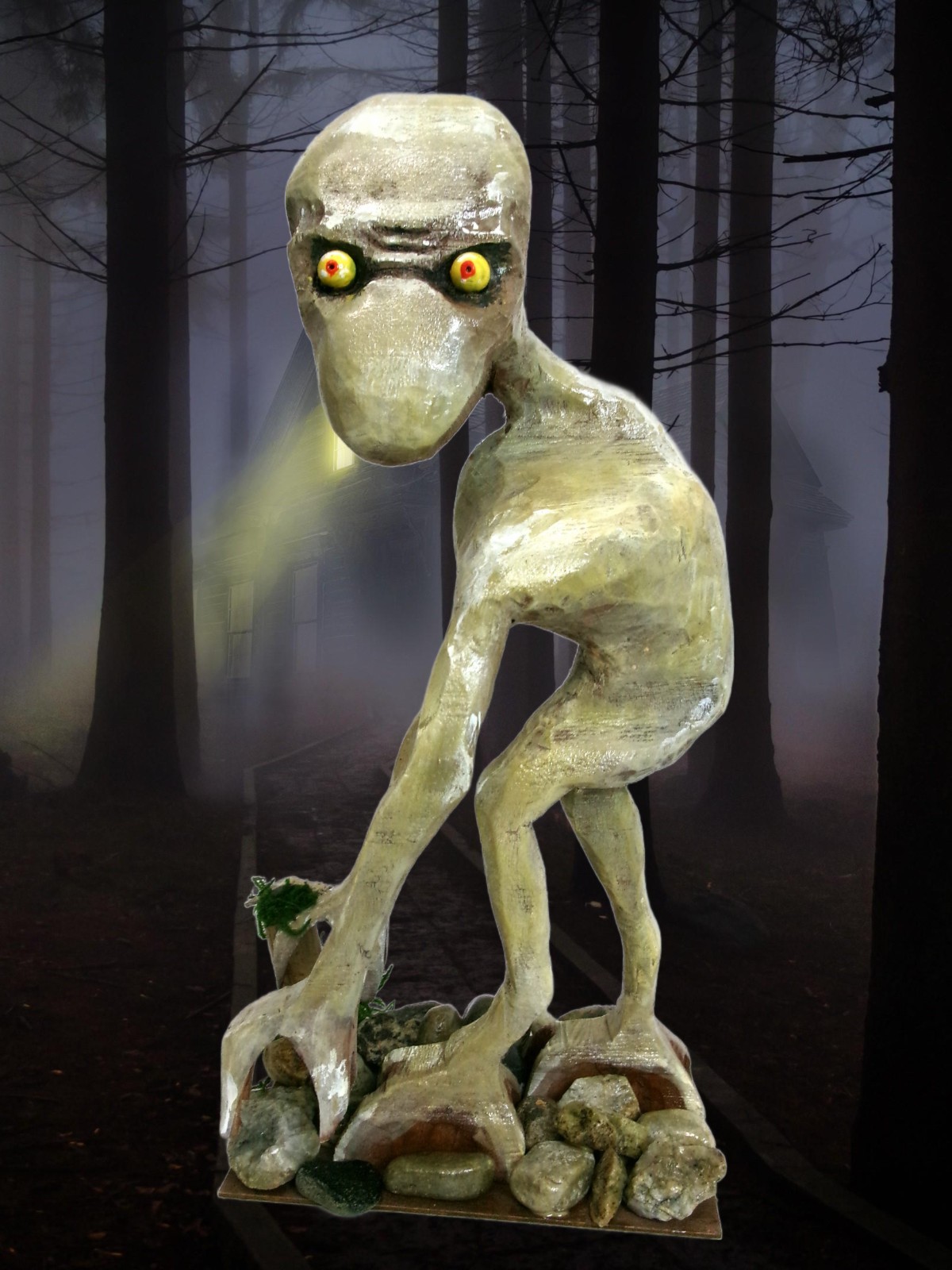 “DOVER DEMON Diorama” -my 12.25″hand carved, signed wood fig.