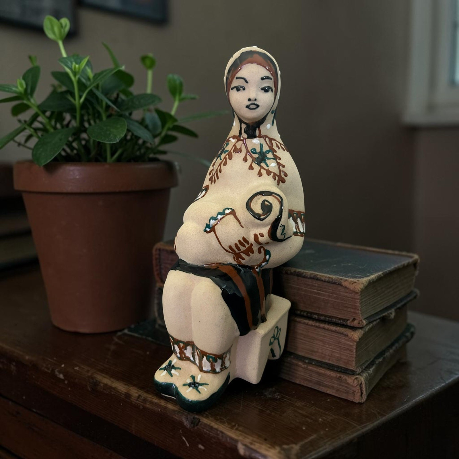 Ukrainian Vintage Art Pottery Figure – Hutsulka with a Lamb Soviet LKSF (1960s)