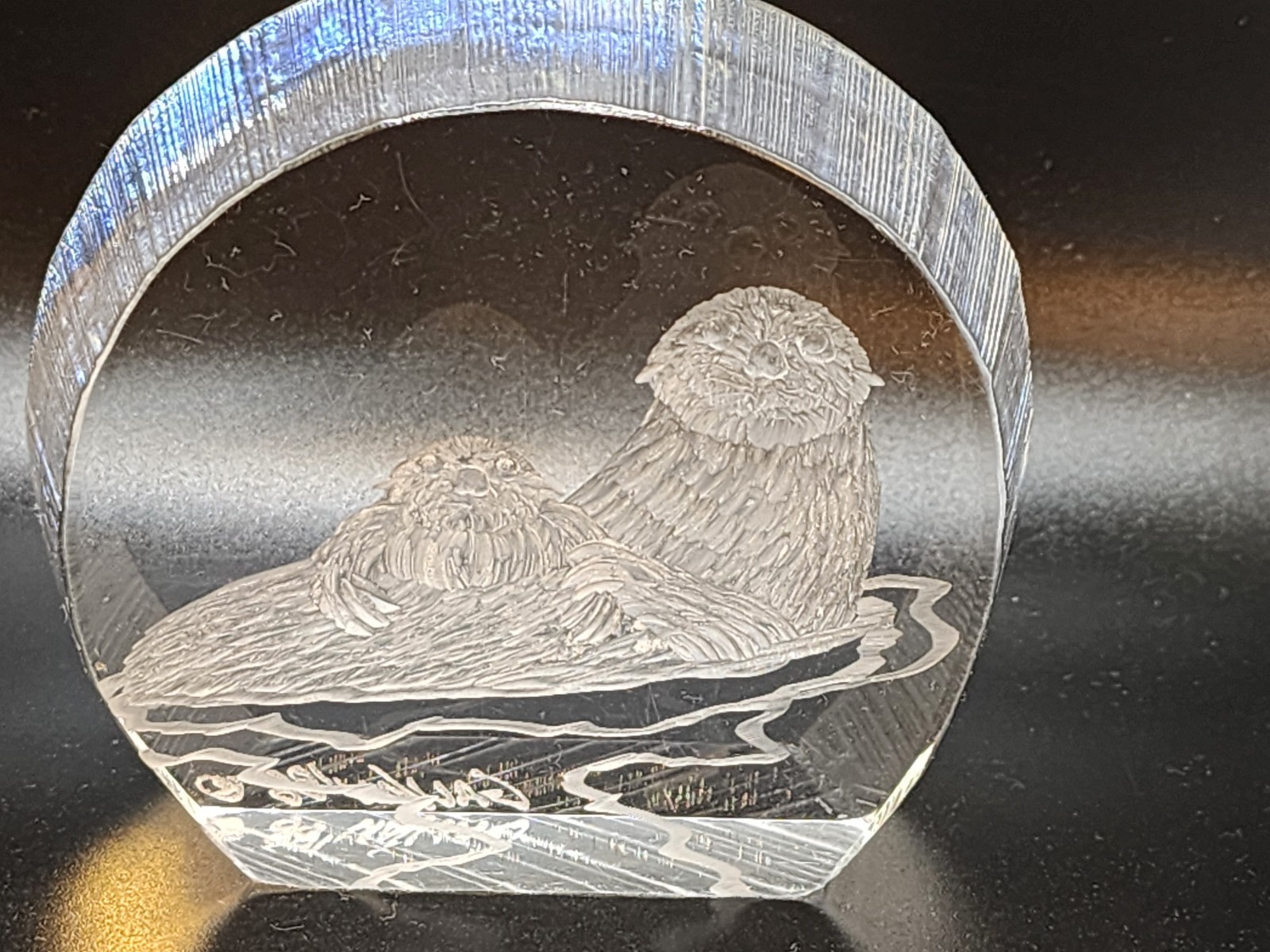 Vintage Joseph Galvan Etched Lucite Mom and Baby Otters Mantel Art Signed 1988